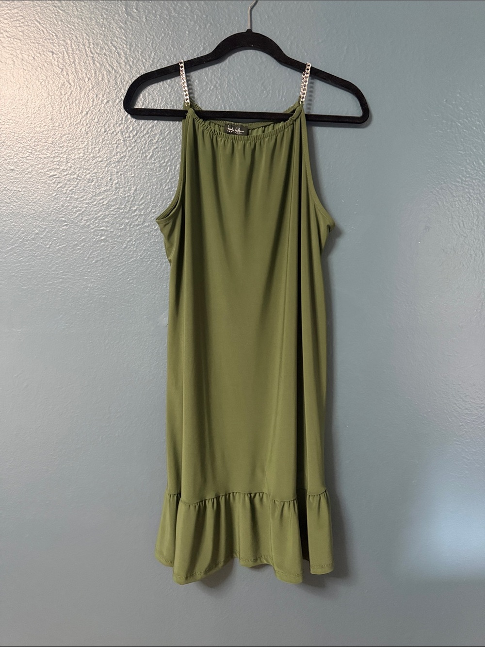 Chic Olive Green Slip Dress with Ruffle Hem NWOT